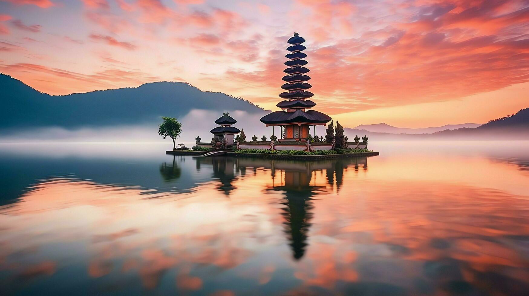 Ancient pura ulun danu bratan, besakih or famous hindu temple and tourist in bali island at sunrise concept by AI Generated photo