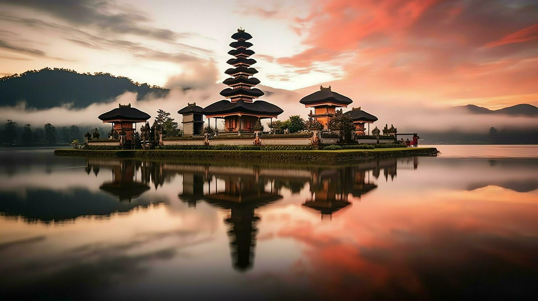 Ancient pura ulun danu bratan, besakih or famous hindu temple and tourist in bali island at sunrise concept by AI Generated photo