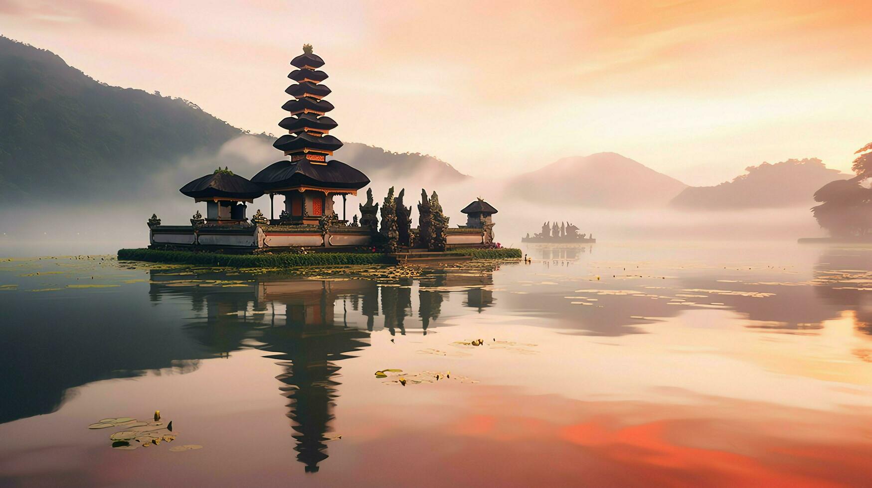 Ancient pura ulun danu bratan, besakih or famous hindu temple and tourist in bali island at sunrise concept by AI Generated photo