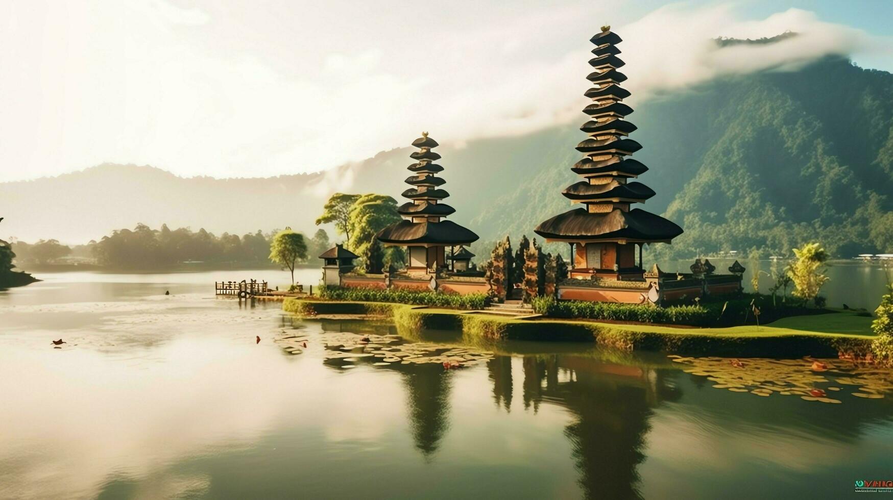 Ancient pura ulun danu bratan, besakih or famous hindu temple and tourist in bali island at sunrise concept by AI Generated photo