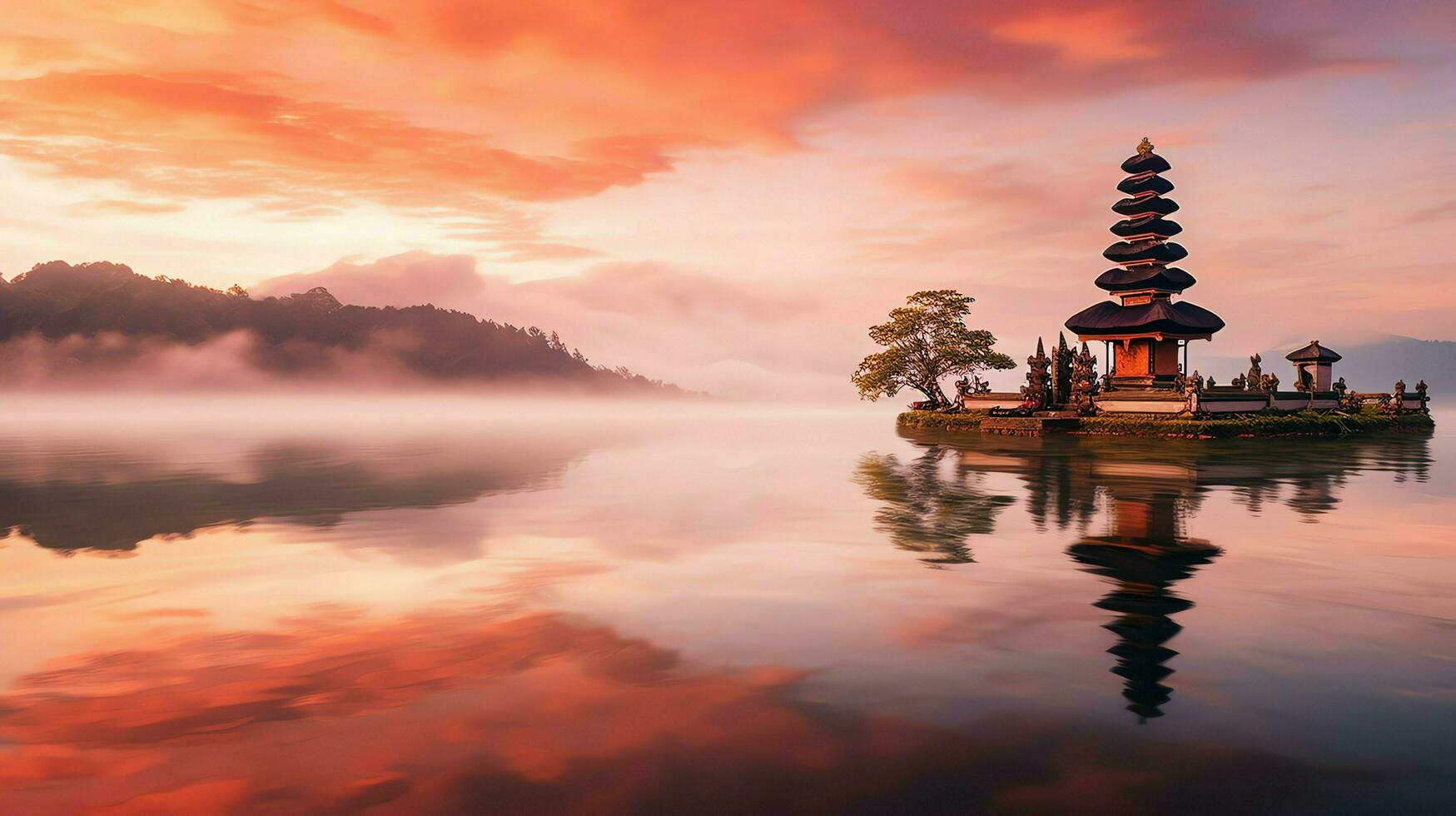 Ancient pura ulun danu bratan, besakih or famous hindu temple and tourist in bali island at sunrise concept by AI Generated photo