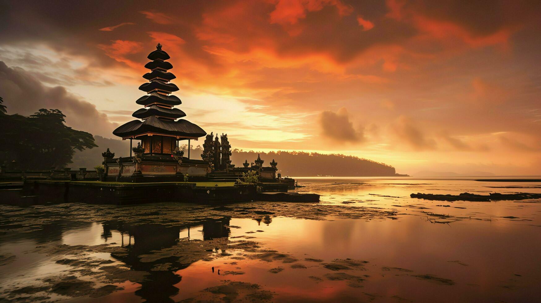 Ancient pura ulun danu bratan, besakih or famous hindu temple and tourist in bali island at sunrise concept by AI Generated photo