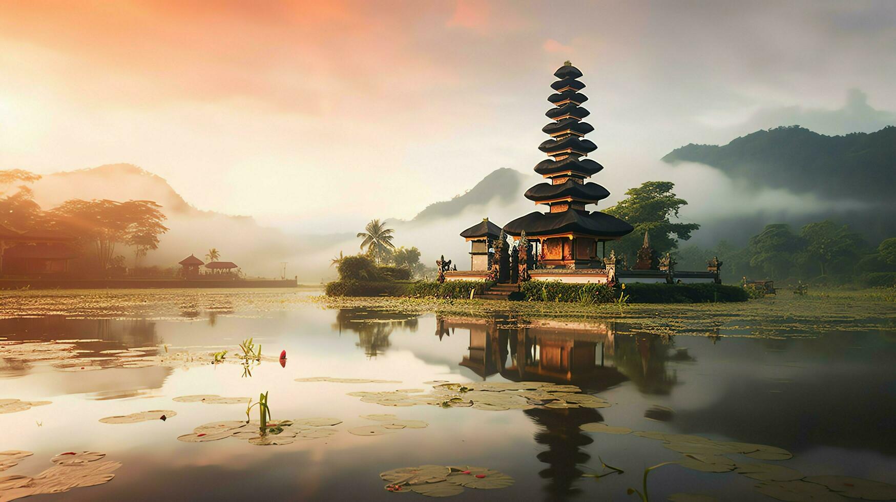 Ancient pura ulun danu bratan, besakih or famous hindu temple and tourist in bali island at sunrise concept by AI Generated photo