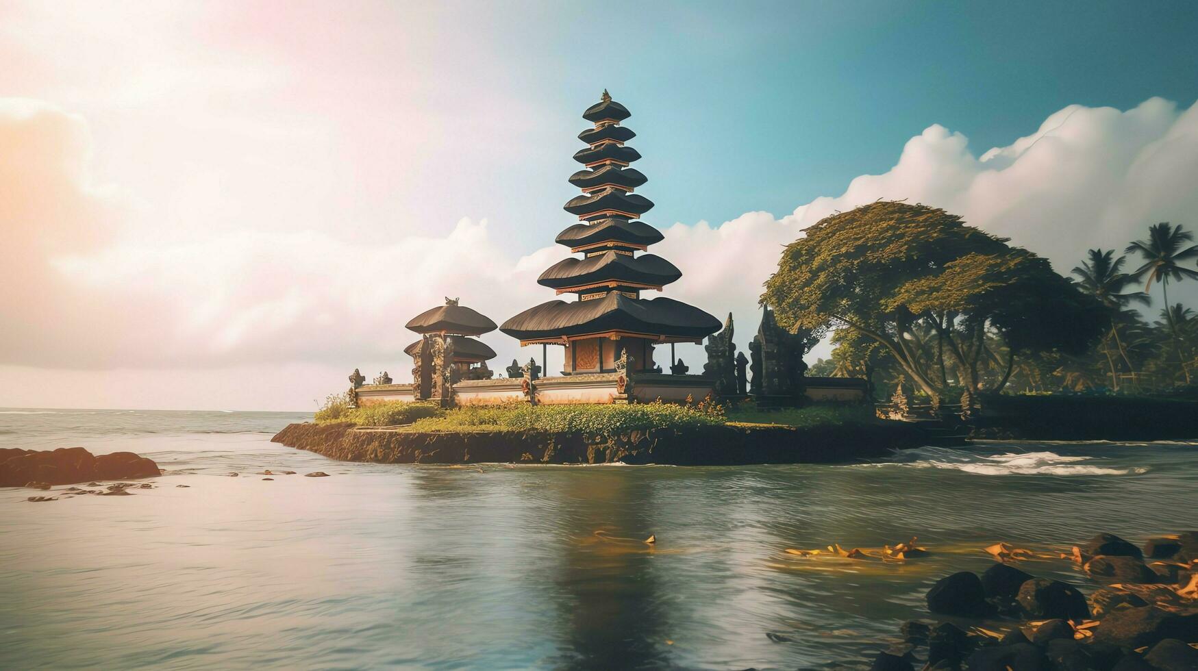 Ancient pura ulun danu bratan, besakih or famous hindu temple and tourist in bali island at sunrise concept by AI Generated photo