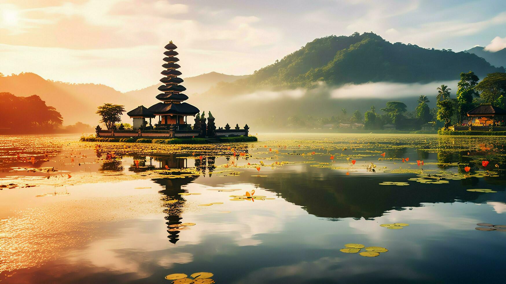 Ancient pura ulun danu bratan, besakih or famous hindu temple and tourist in bali island at sunrise concept by AI Generated photo