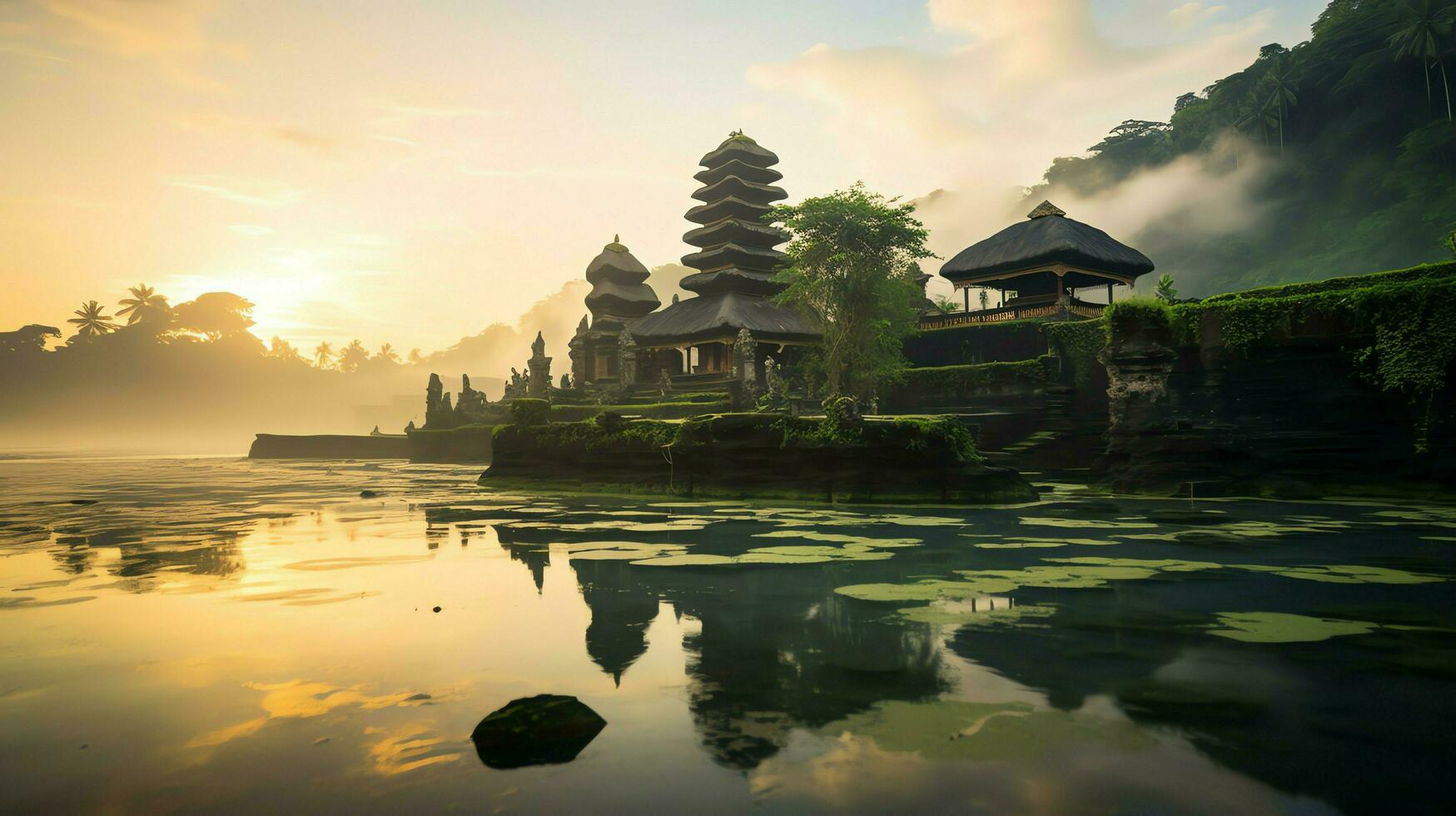 Ancient pura ulun danu bratan, besakih or famous hindu temple and tourist in bali island at sunrise concept by AI Generated photo