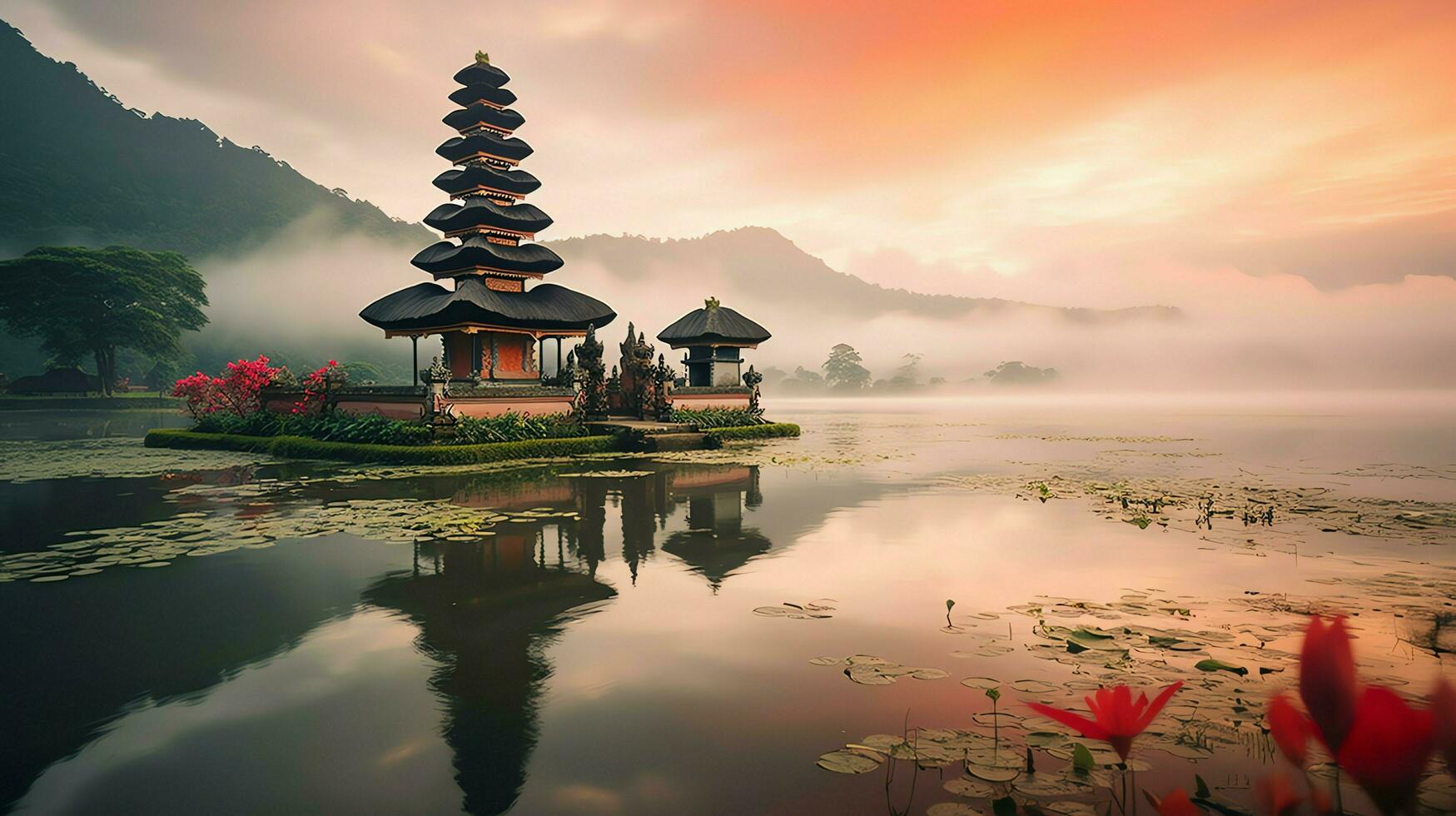 Ancient pura ulun danu bratan, besakih or famous hindu temple and tourist in bali island at sunrise concept by AI Generated photo