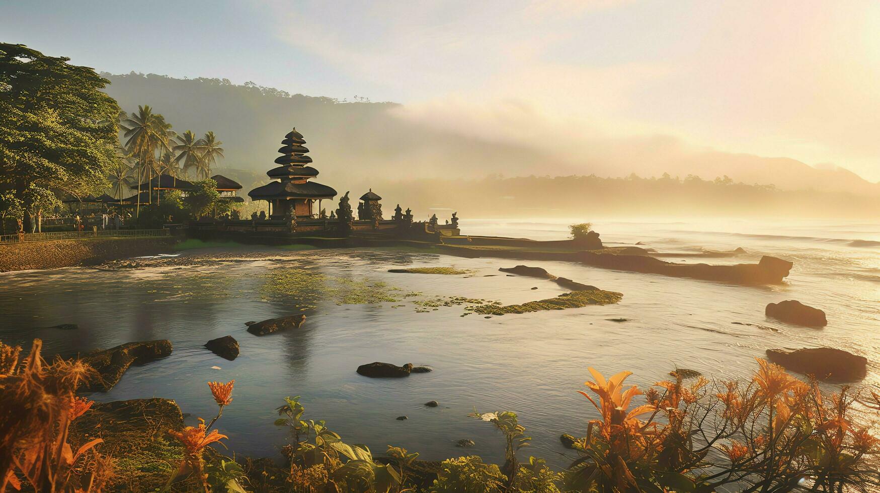 Ancient pura ulun danu bratan, besakih or famous hindu temple and tourist in bali island at sunrise concept by AI Generated photo