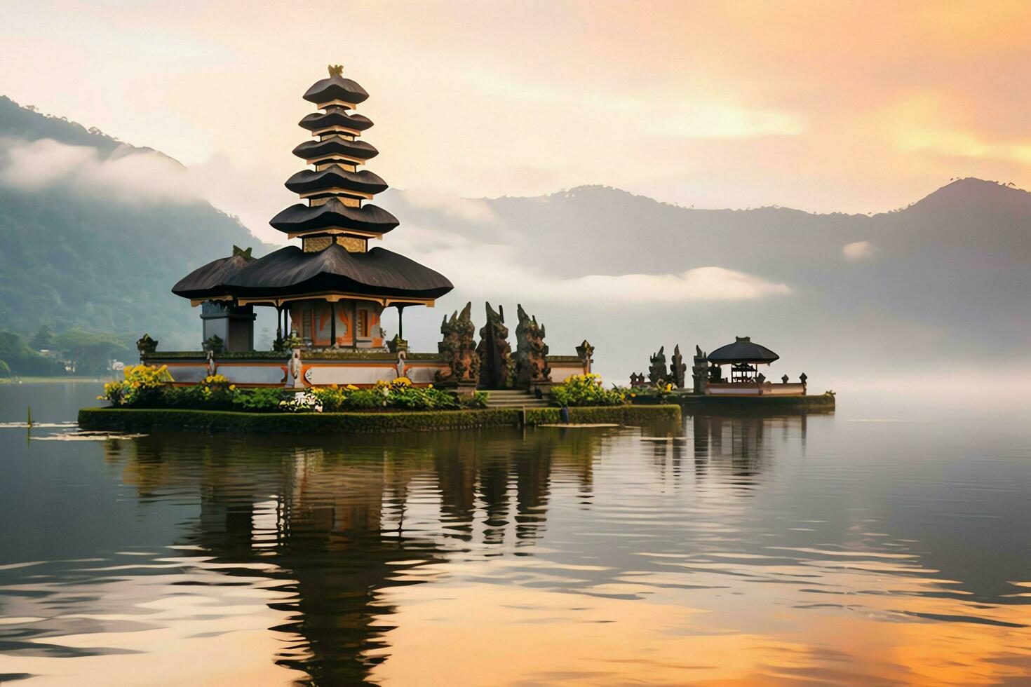 Ancient pura ulun danu bratan, besakih or famous hindu temple and tourist in bali island at sunrise concept by AI Generated photo