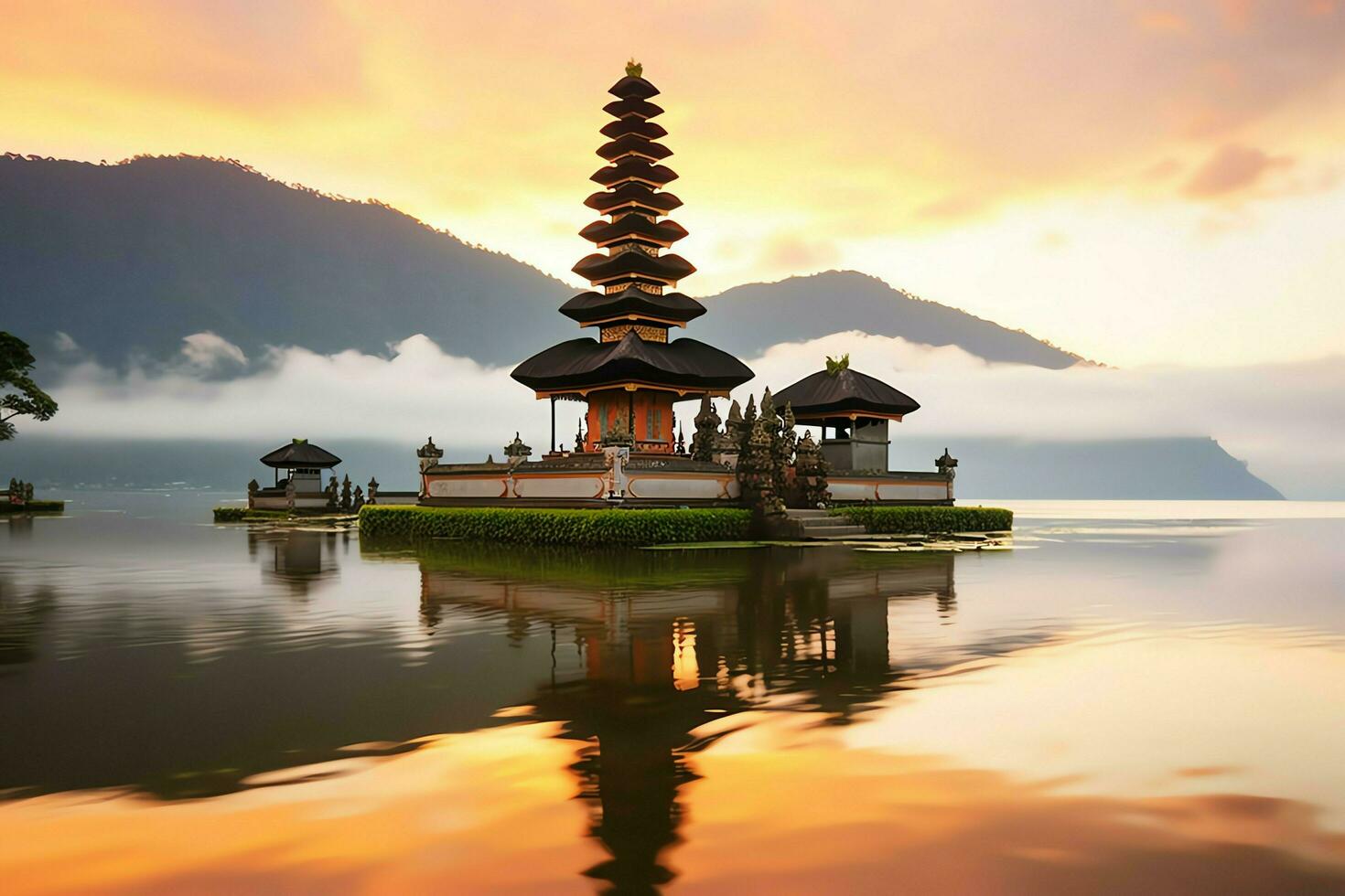 Ancient pura ulun danu bratan, besakih or famous hindu temple and tourist in bali island at sunrise concept by AI Generated photo