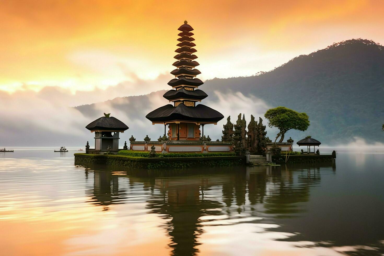 Ancient pura ulun danu bratan, besakih or famous hindu temple and tourist in bali island at sunrise concept by AI Generated photo