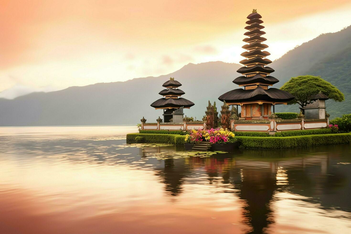 Ancient pura ulun danu bratan, besakih or famous hindu temple and tourist in bali island at sunrise concept by AI Generated photo