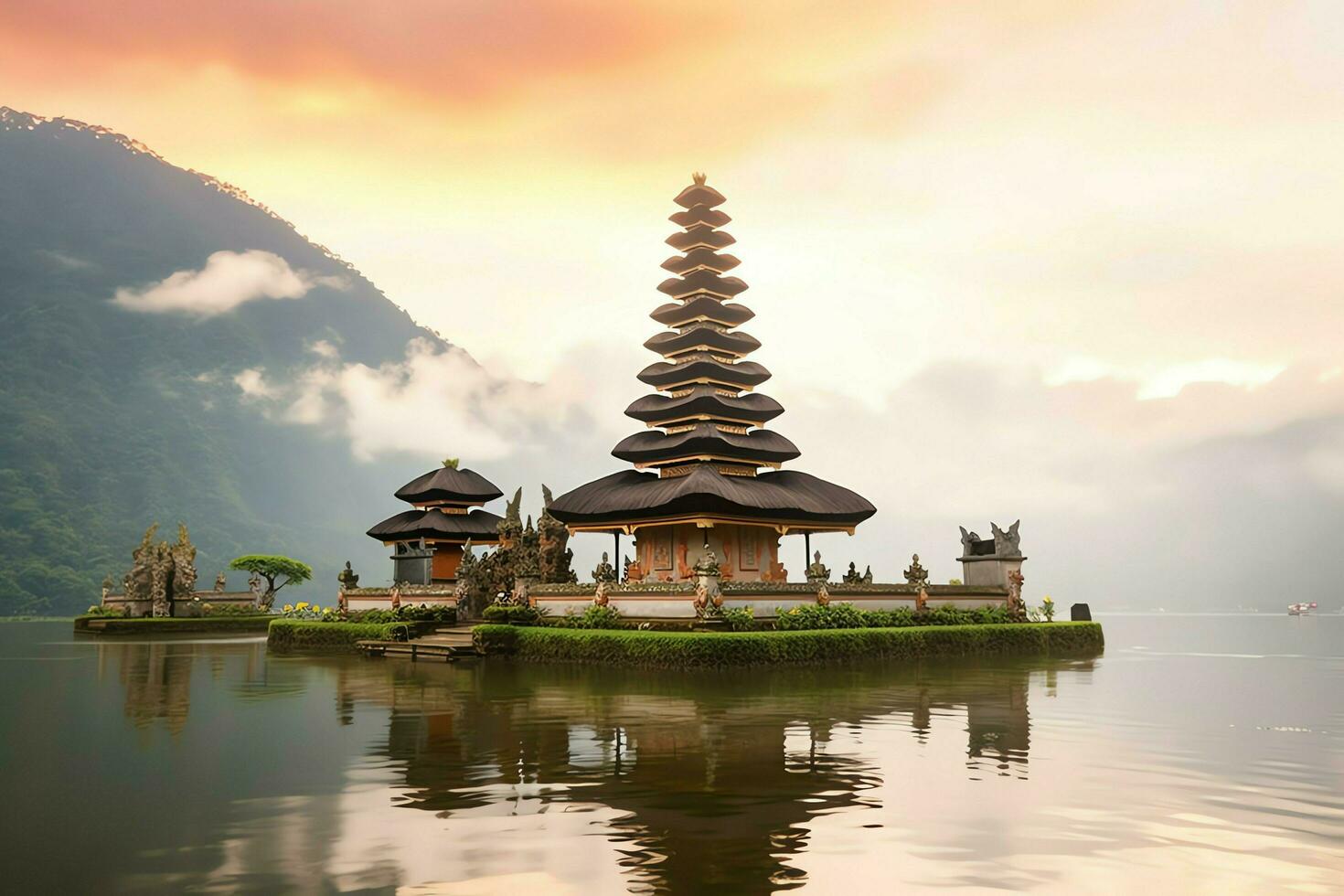 Ancient pura ulun danu bratan, besakih or famous hindu temple and tourist in bali island at sunrise concept by AI Generated photo