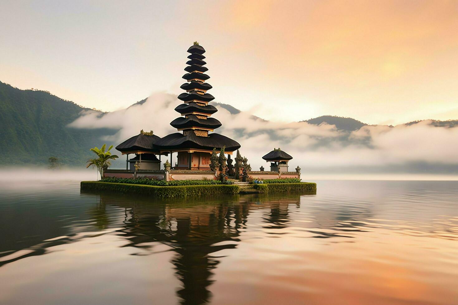 Ancient pura ulun danu bratan, besakih or famous hindu temple and tourist in bali island at sunrise concept by AI Generated photo