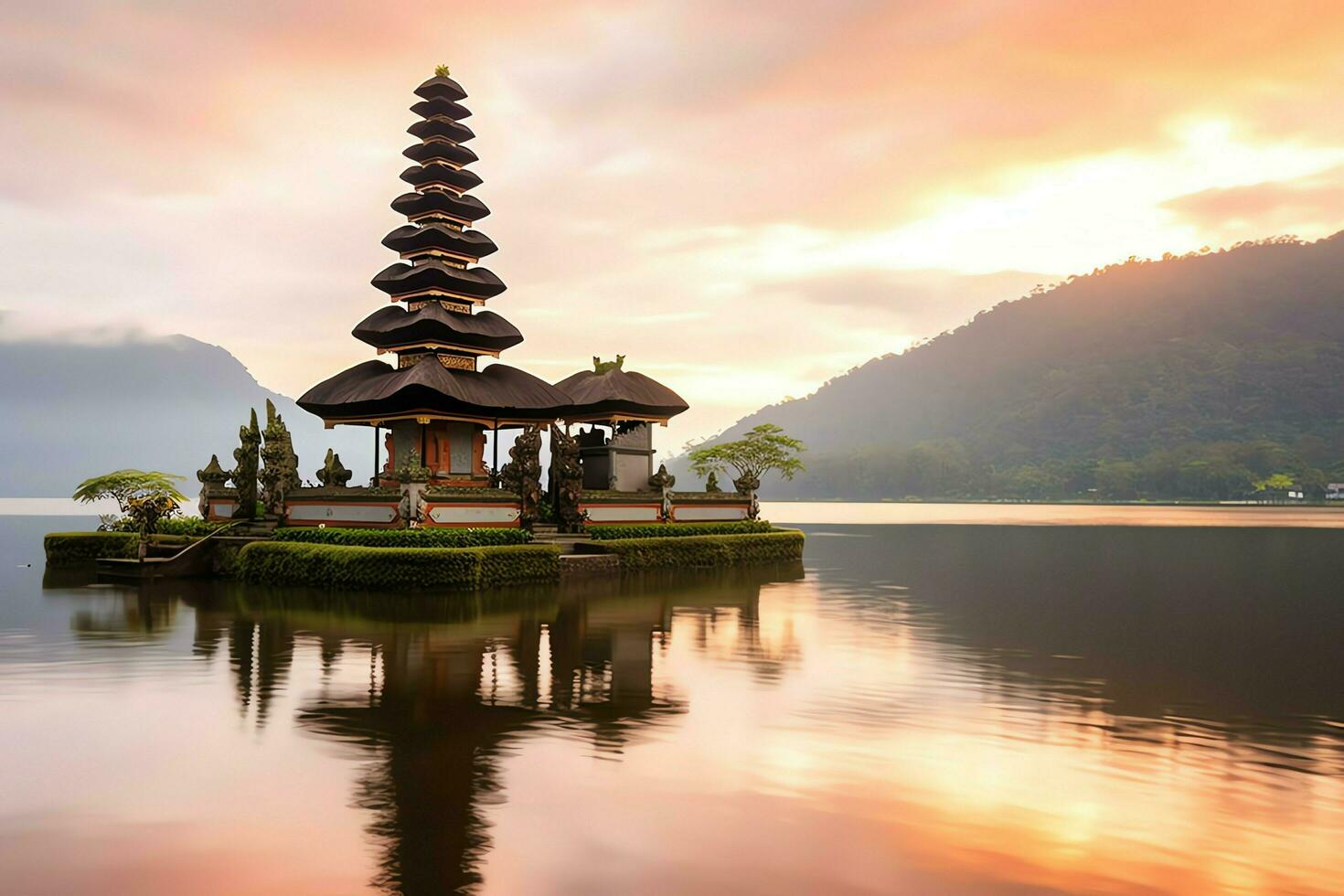 Ancient pura ulun danu bratan, besakih or famous hindu temple and tourist in bali island at sunrise concept by AI Generated photo