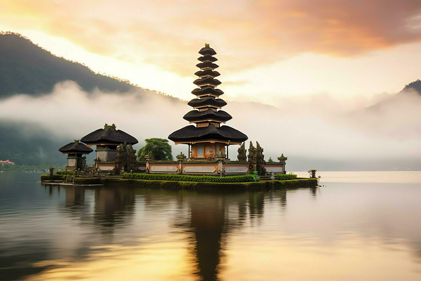 Ancient pura ulun danu bratan, besakih or famous hindu temple and tourist in bali island at sunrise concept by AI Generated photo