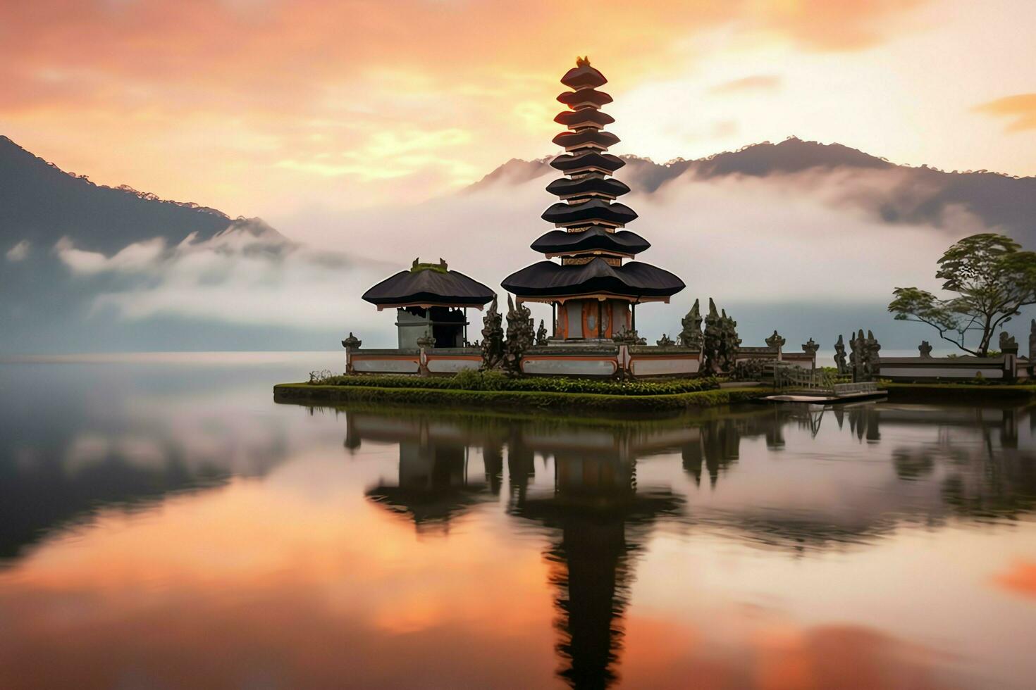 Ancient pura ulun danu bratan, besakih or famous hindu temple and tourist in bali island at sunrise concept by AI Generated photo