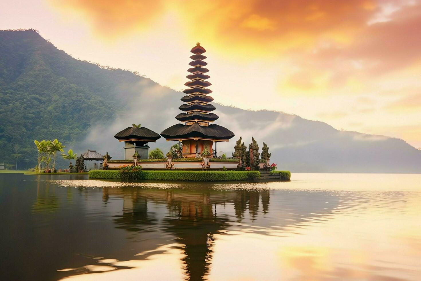 Ancient pura ulun danu bratan, besakih or famous hindu temple and tourist in bali island at sunrise concept by AI Generated photo