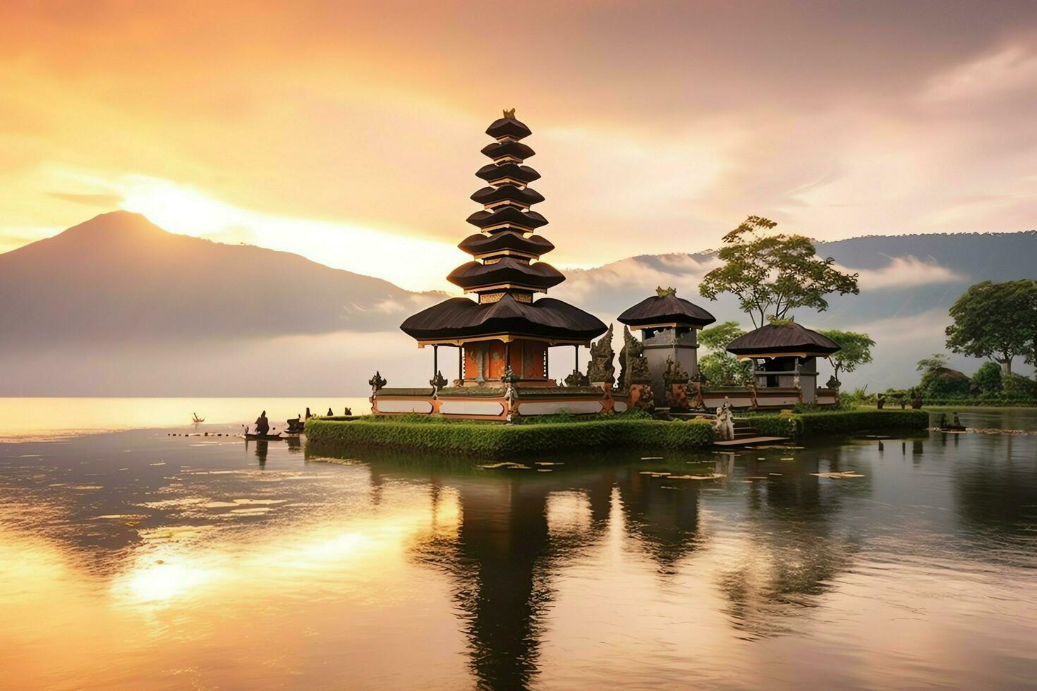 Ancient pura ulun danu bratan, besakih or famous hindu temple and tourist in bali island at sunrise concept by AI Generated photo