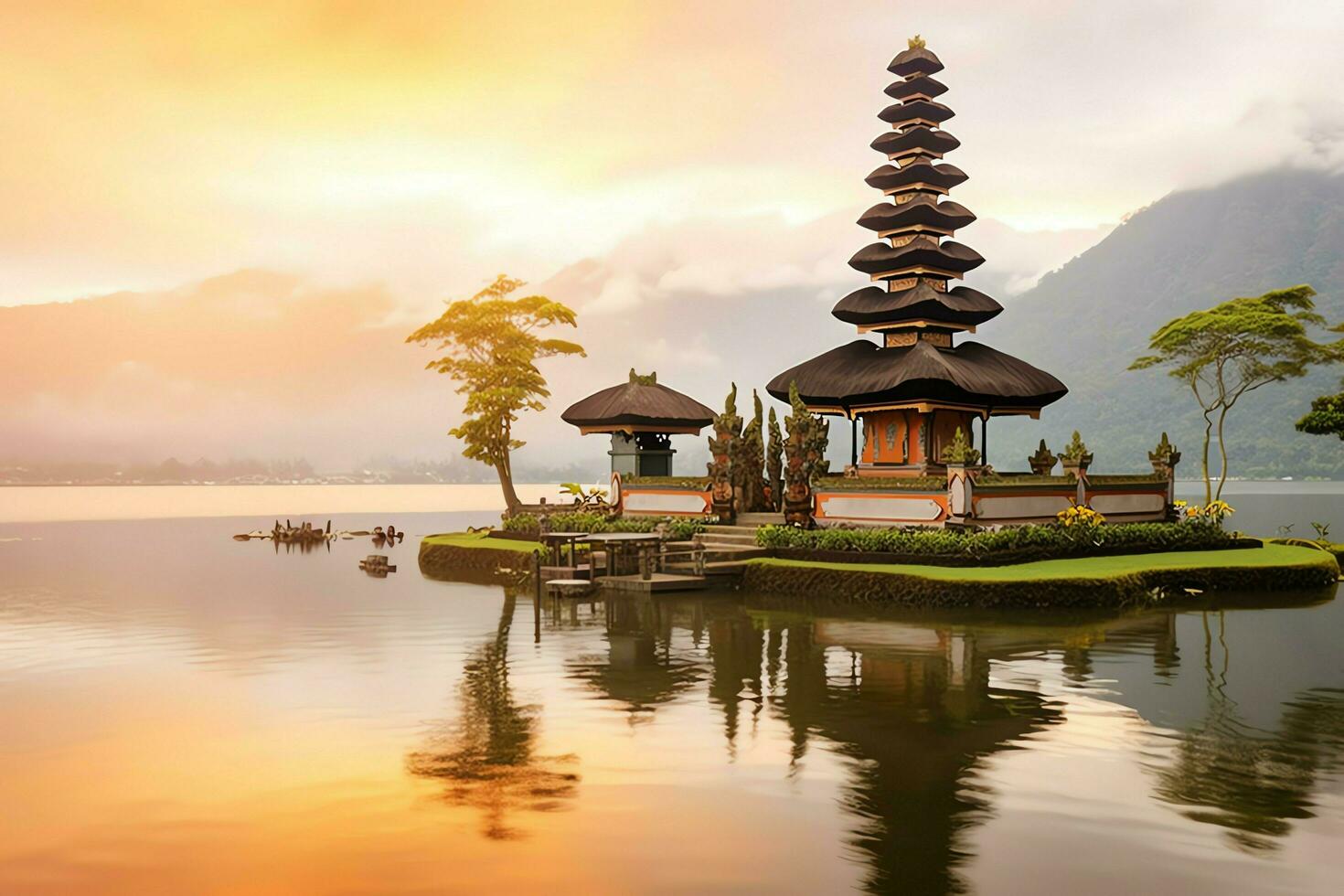 Ancient pura ulun danu bratan, besakih or famous hindu temple and tourist in bali island at sunrise concept by AI Generated photo