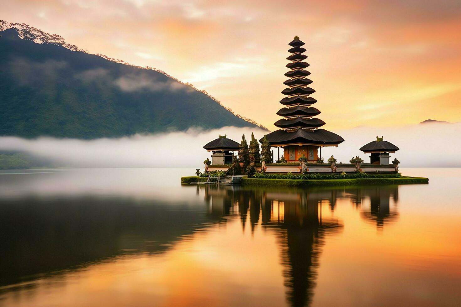 Ancient pura ulun danu bratan, besakih or famous hindu temple and tourist in bali island at sunrise concept by AI Generated photo