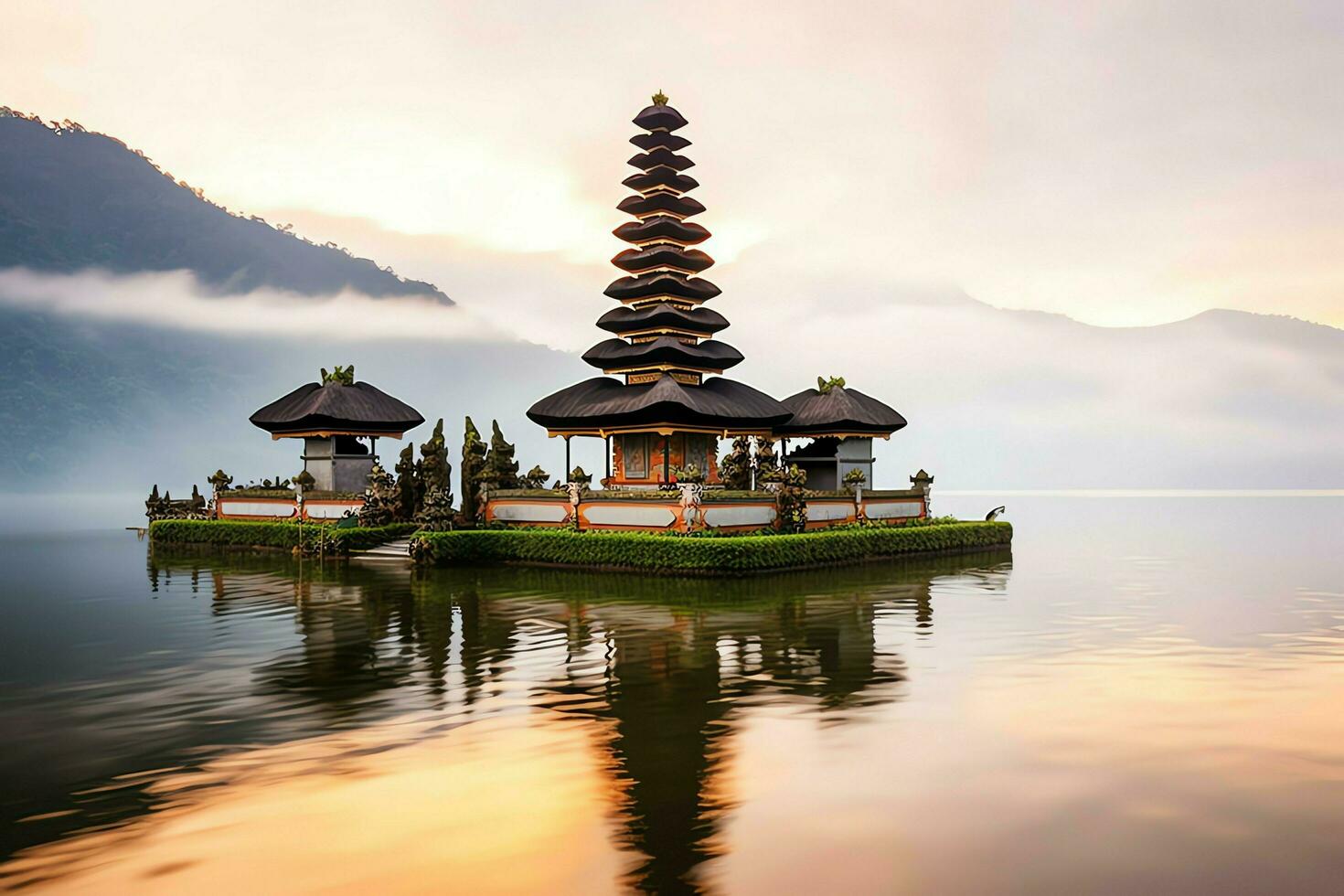 antiguo pura ulun danu bratán, besakih o famoso hindú templo y turista en bali isla a amanecer concepto por ai generado foto