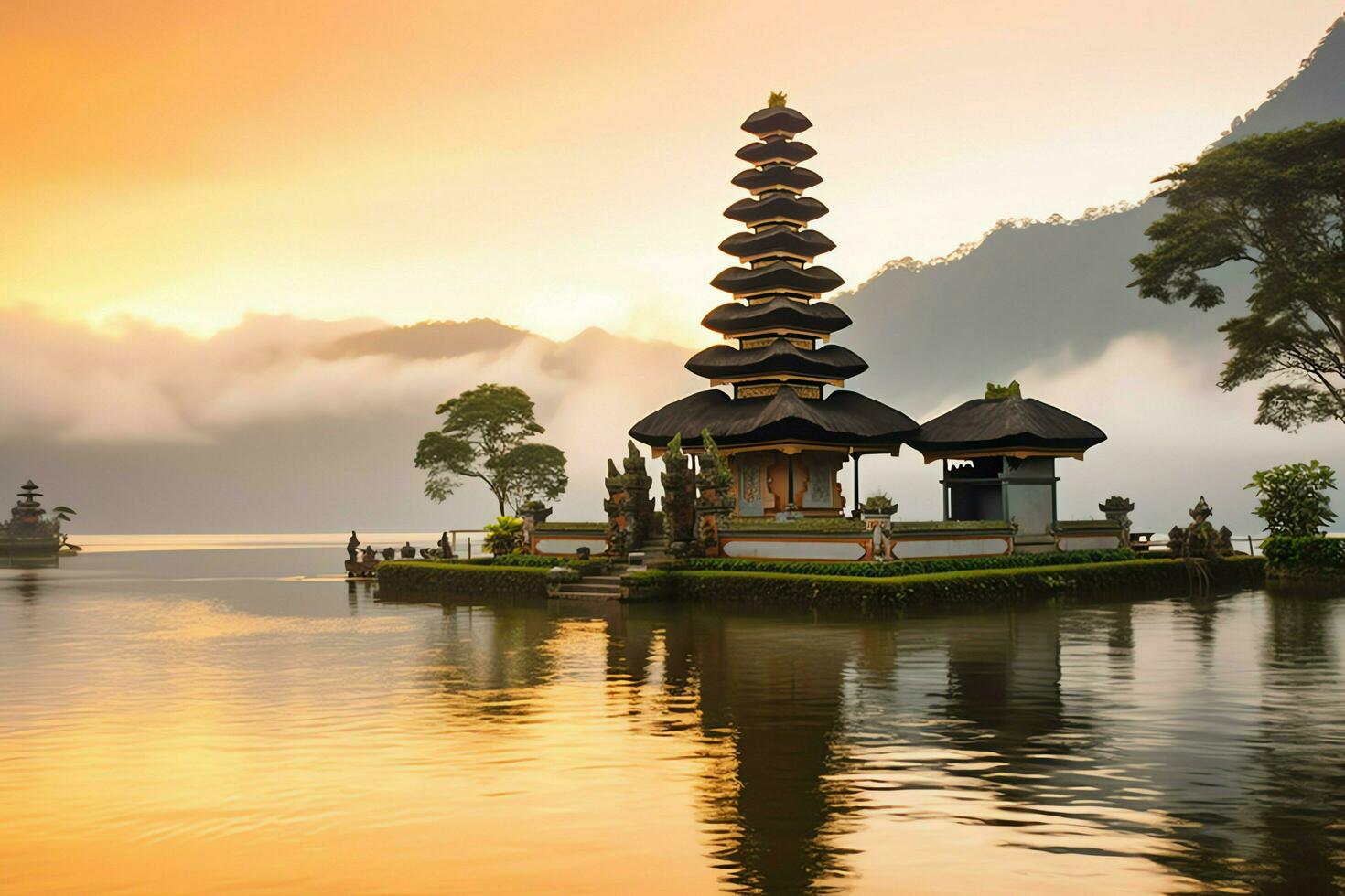 Ancient pura ulun danu bratan, besakih or famous hindu temple and tourist in bali island at sunrise concept by AI Generated photo