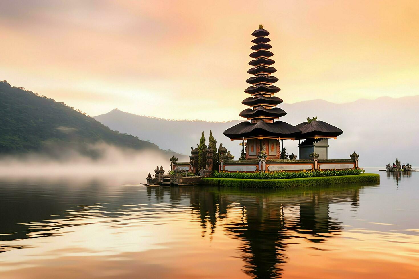 Ancient pura ulun danu bratan, besakih or famous hindu temple and tourist in bali island at sunrise concept by AI Generated photo