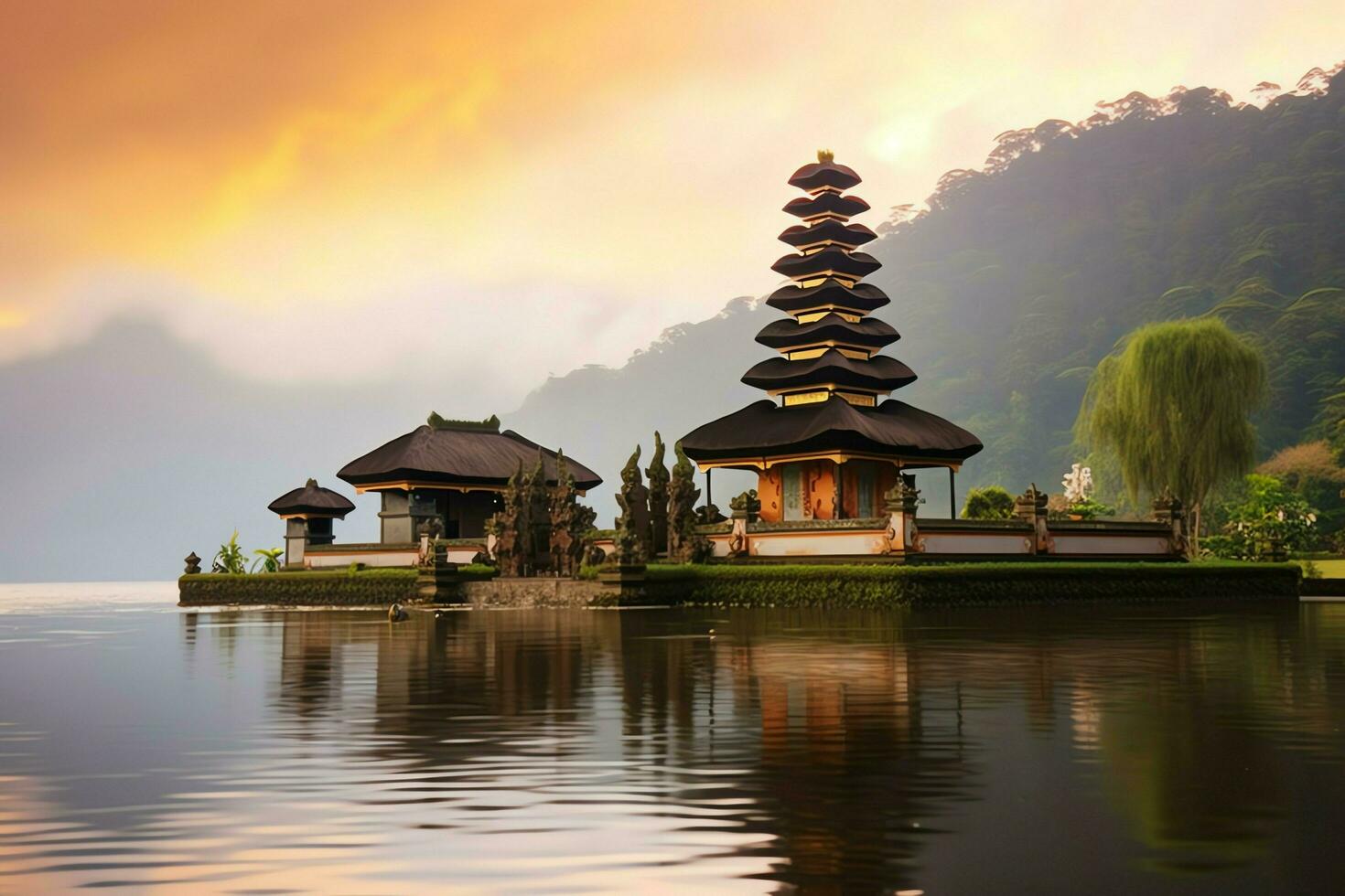 Ancient pura ulun danu bratan, besakih or famous hindu temple and tourist in bali island at sunrise concept by AI Generated photo