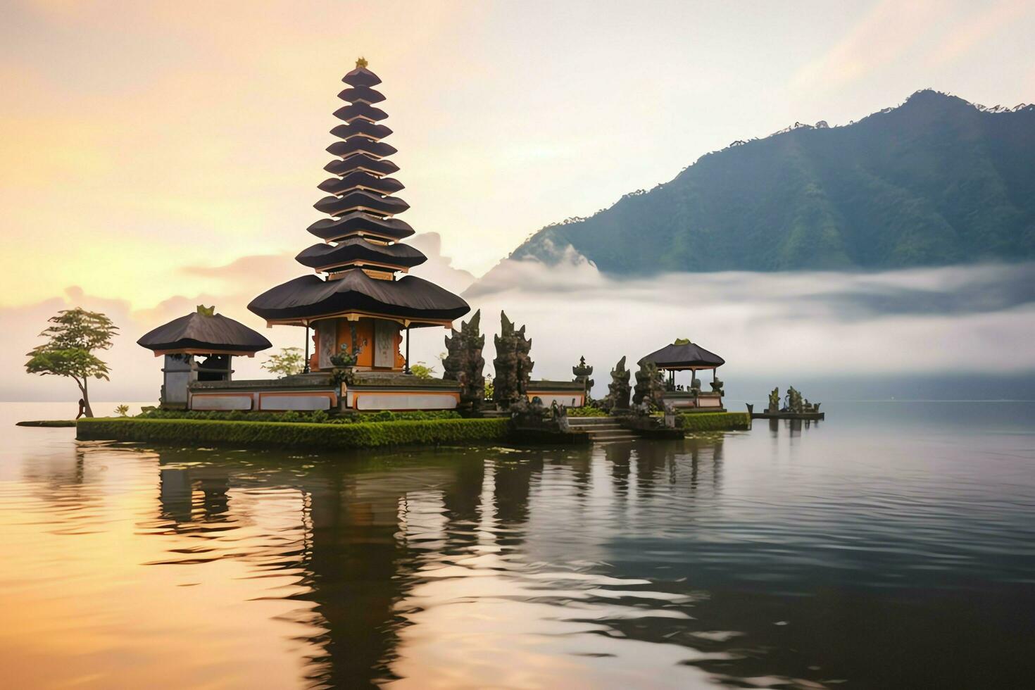 Ancient pura ulun danu bratan, besakih or famous hindu temple and tourist in bali island at sunrise concept by AI Generated photo