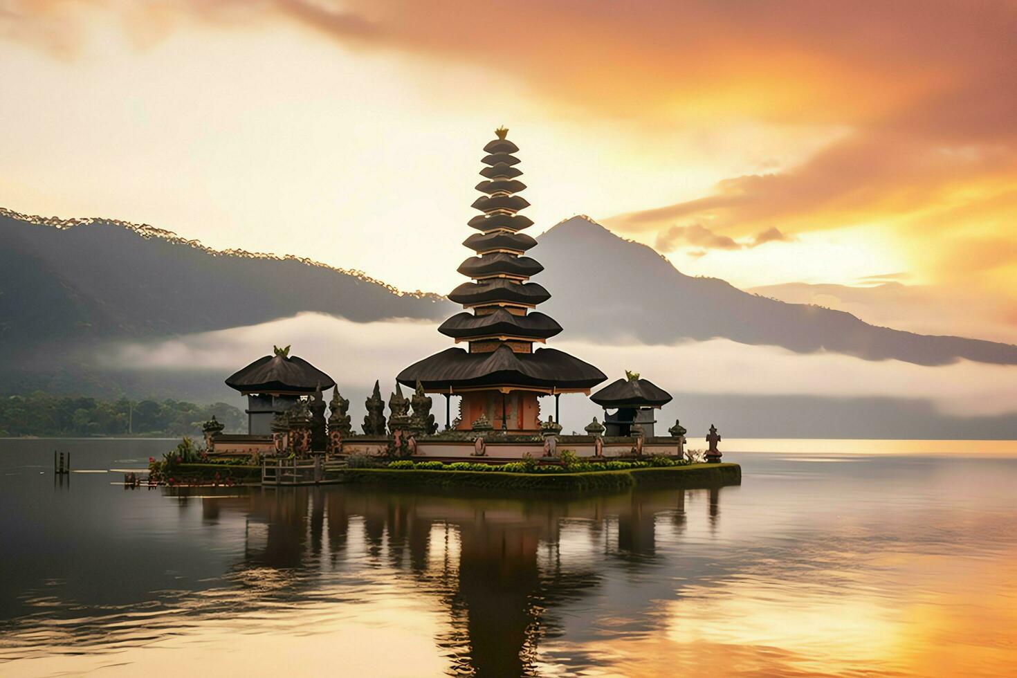 Ancient pura ulun danu bratan, besakih or famous hindu temple and tourist in bali island at sunrise concept by AI Generated photo