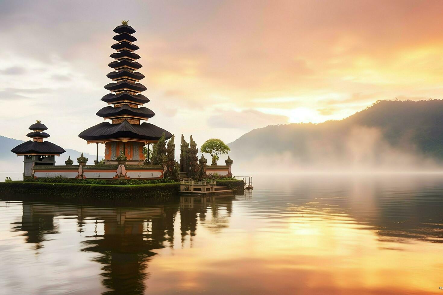 Ancient pura ulun danu bratan, besakih or famous hindu temple and tourist in bali island at sunrise concept by AI Generated photo