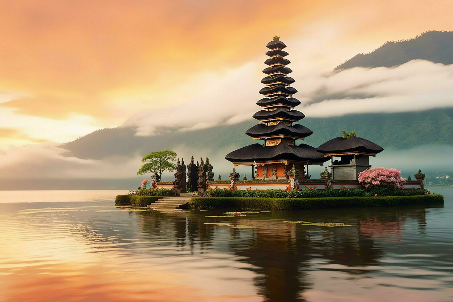 Ancient pura ulun danu bratan, besakih or famous hindu temple and tourist in bali island at sunrise concept by AI Generated photo