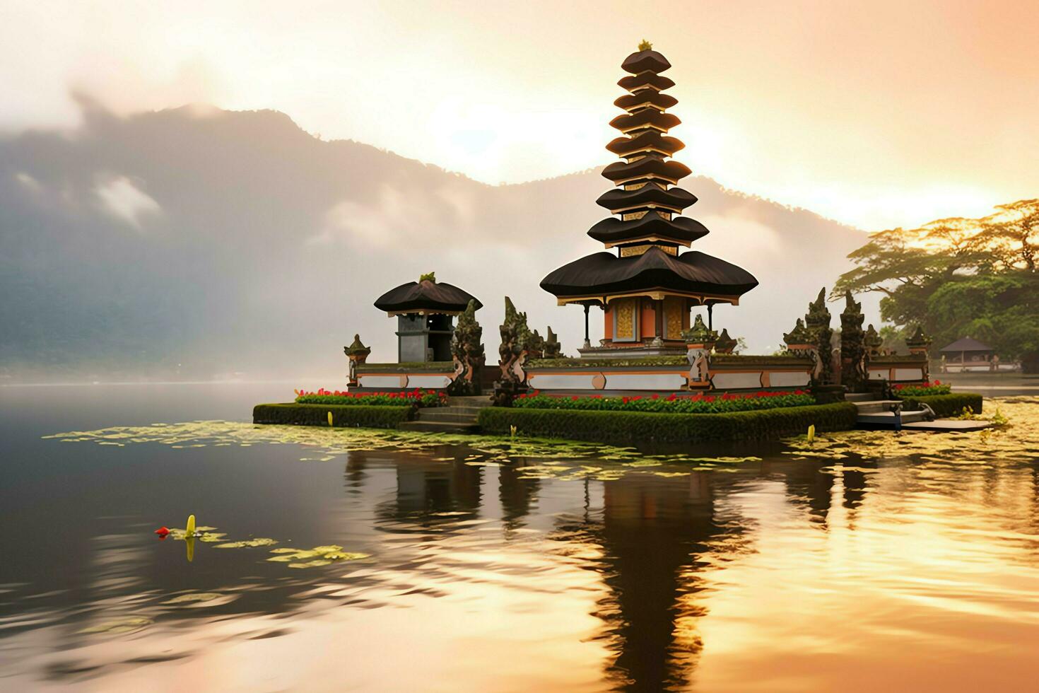 Ancient pura ulun danu bratan, besakih or famous hindu temple and tourist in bali island at sunrise concept by AI Generated photo