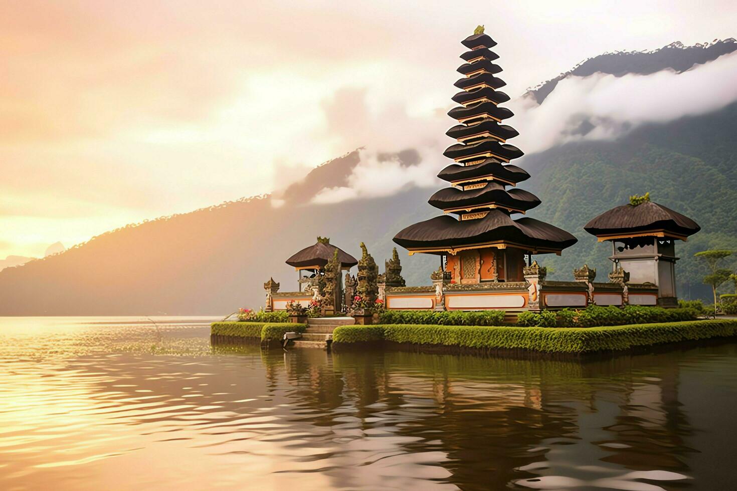 Ancient pura ulun danu bratan, besakih or famous hindu temple and tourist in bali island at sunrise concept by AI Generated photo