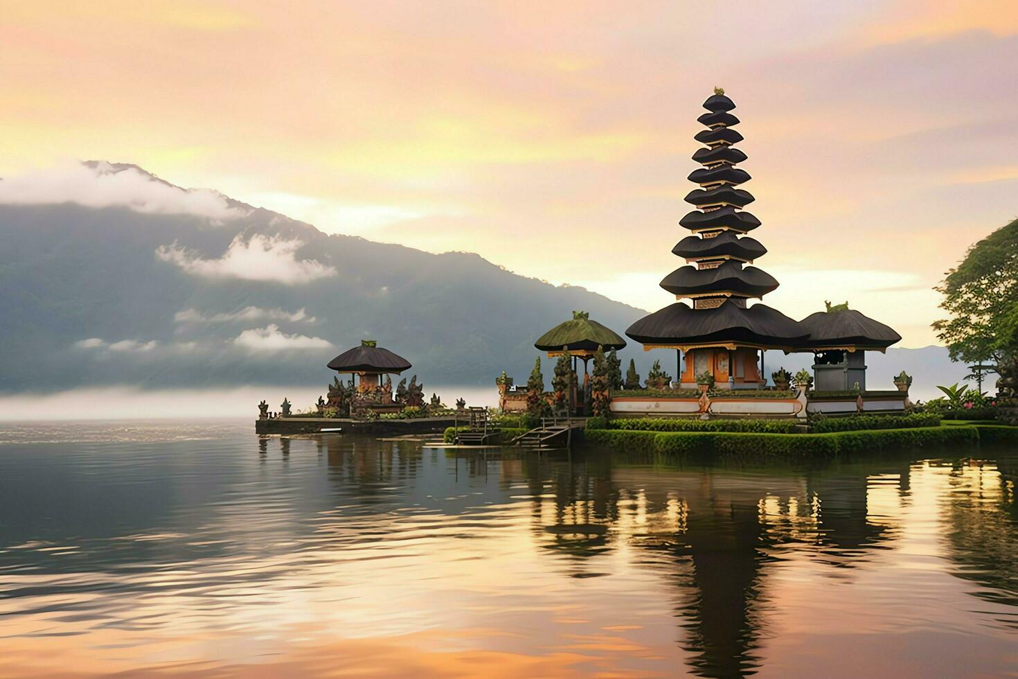 Ancient pura ulun danu bratan, besakih or famous hindu temple and tourist in bali island at sunrise concept by AI Generated photo