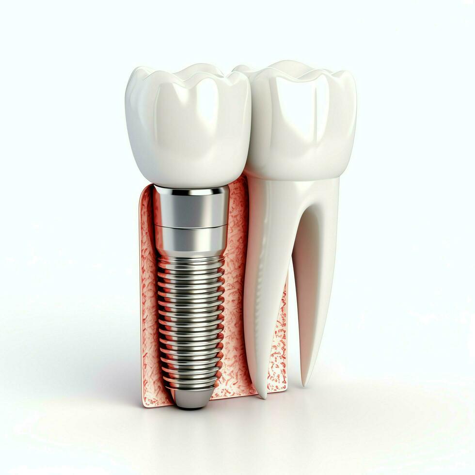 cerca arriba de un dental diente implante o sano humano dientes. blanco esmalte y dental implantes cirugía concepto por ai generado foto