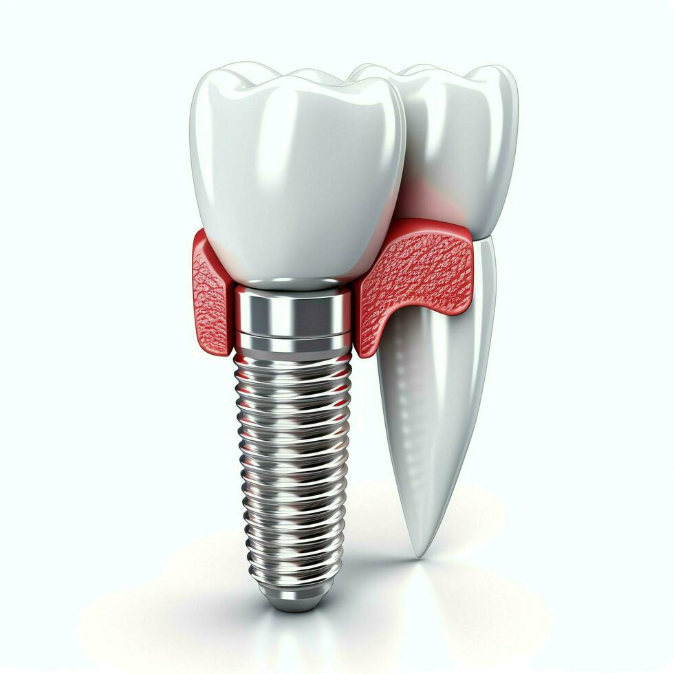 cerca arriba de un dental diente implante o sano humano dientes. blanco esmalte y dental implantes cirugía concepto por ai generado foto