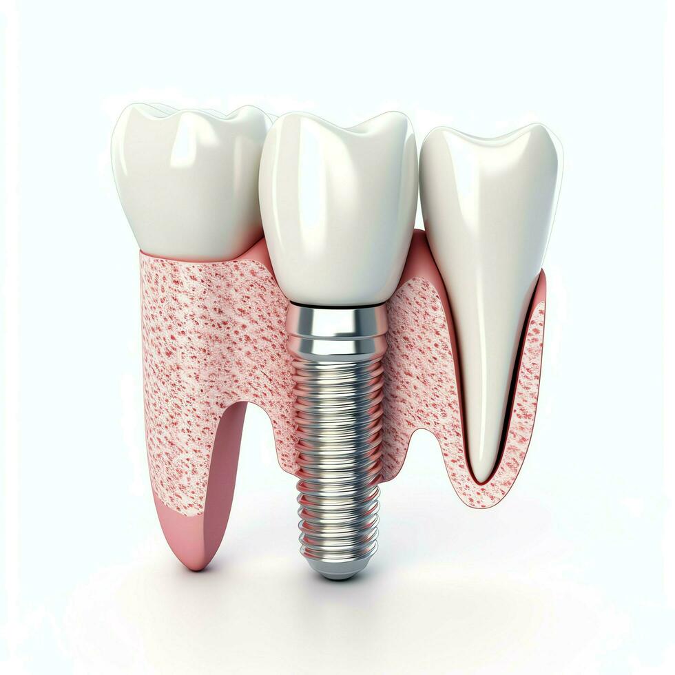 cerca arriba de un dental diente implante o sano humano dientes. blanco esmalte y dental implantes cirugía concepto por ai generado foto