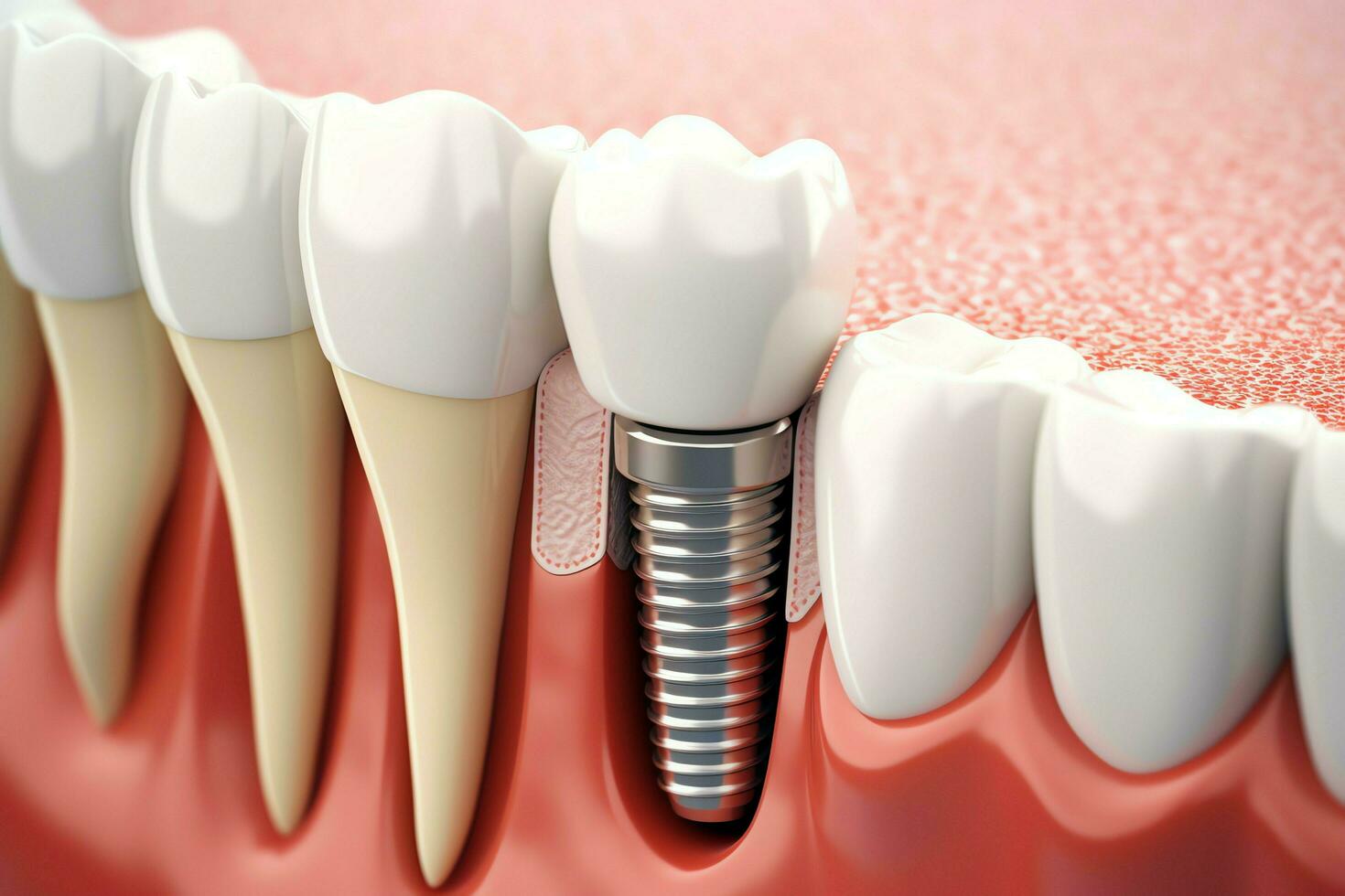 cerca arriba de un dental diente implante o sano humano dientes. blanco esmalte y dental implantes cirugía concepto por ai generado foto