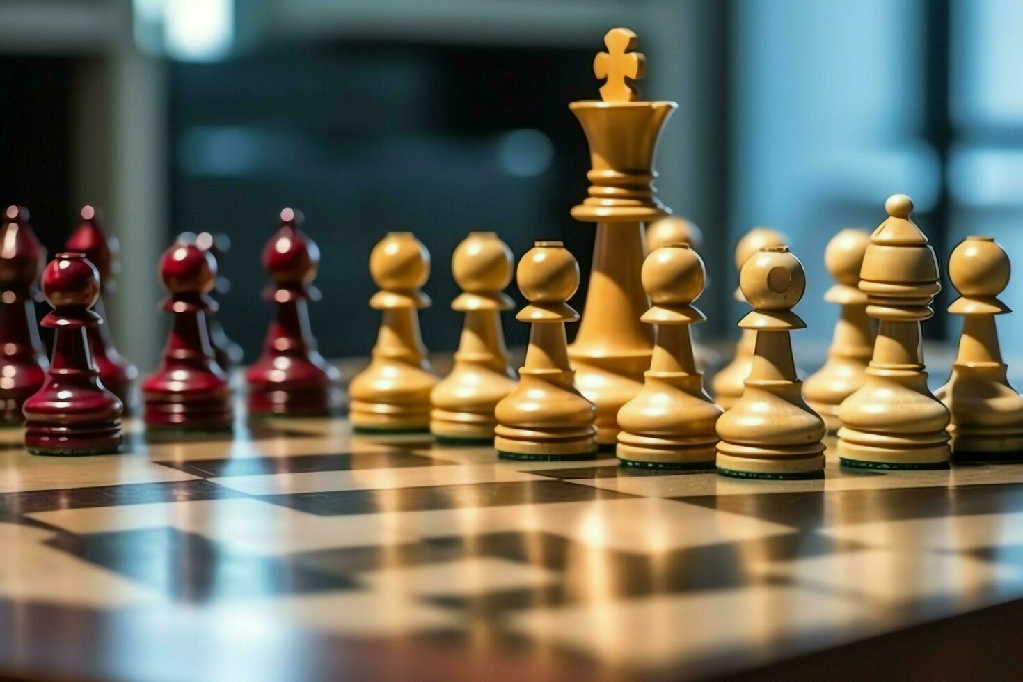 Chessboard with business strategy, tactic and competition of a chess game. Business and leadership concept by AI Generated photo