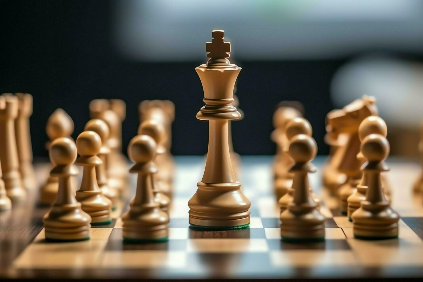 Investment Leadership Concept : The king chess piece with chess others  nearby go down from floating board game concept of business ideas and  competition and strategy plan success meaning. Stock Photo