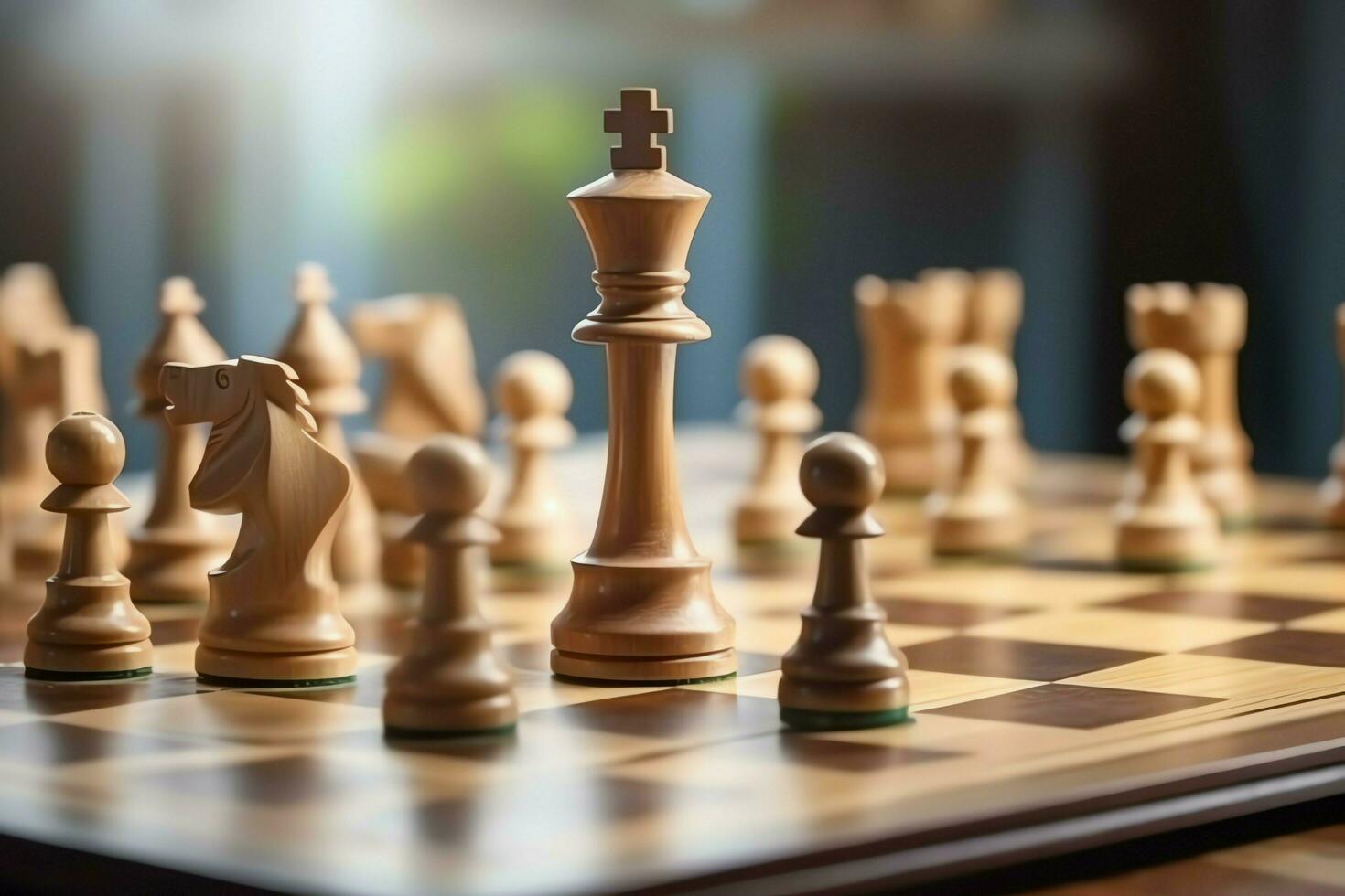 Chessboard with business strategy, tactic and competition of a chess game. Business and leadership concept by AI Generated photo
