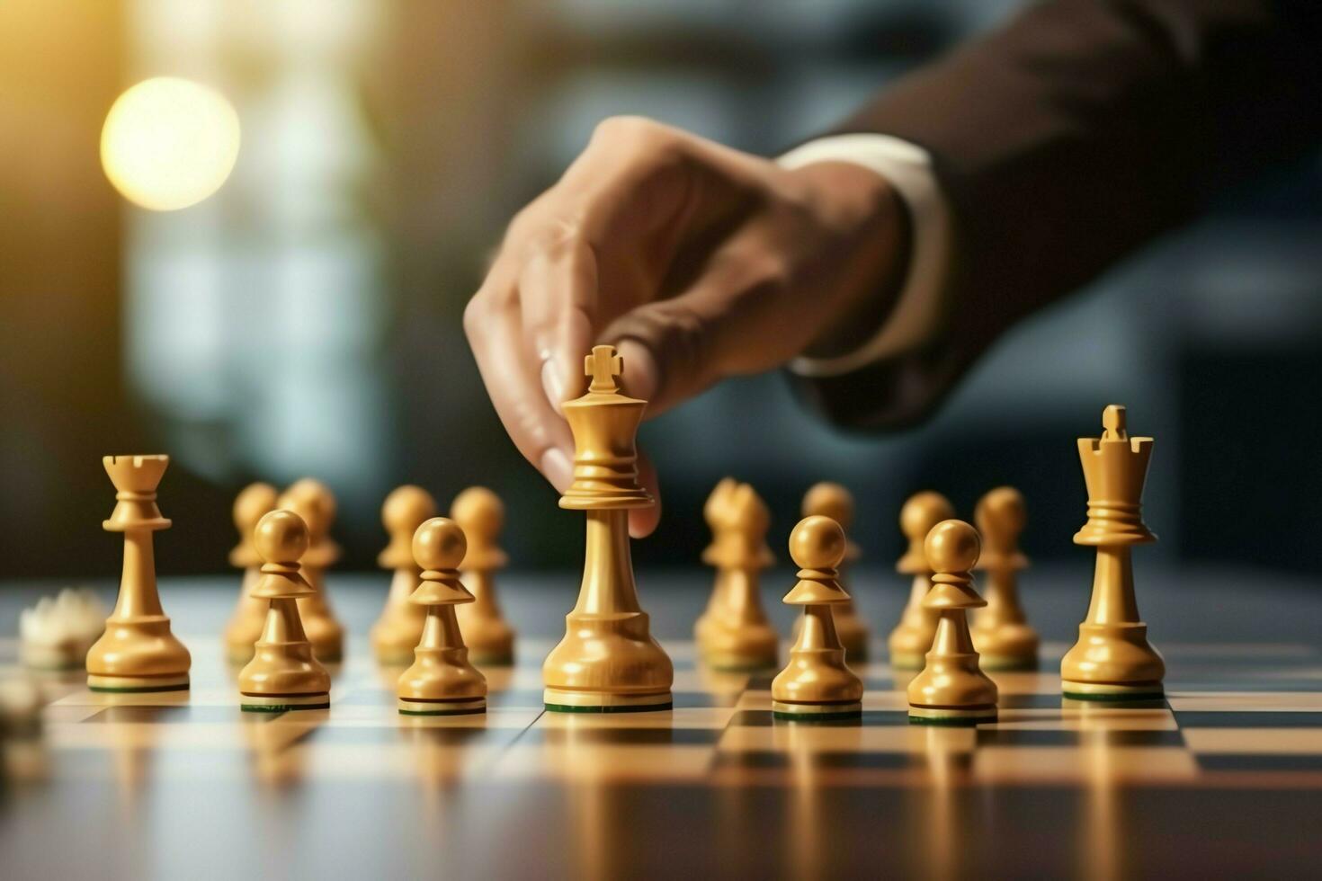 Chessboard with business strategy, tactic and competition of a chess game. Business and leadership concept by AI Generated photo