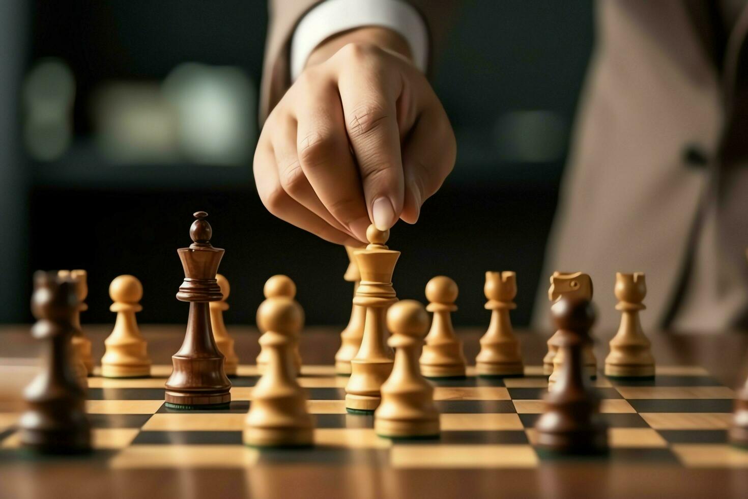 Chessboard with business strategy, tactic and competition of a chess game. Business and leadership concept by AI Generated photo