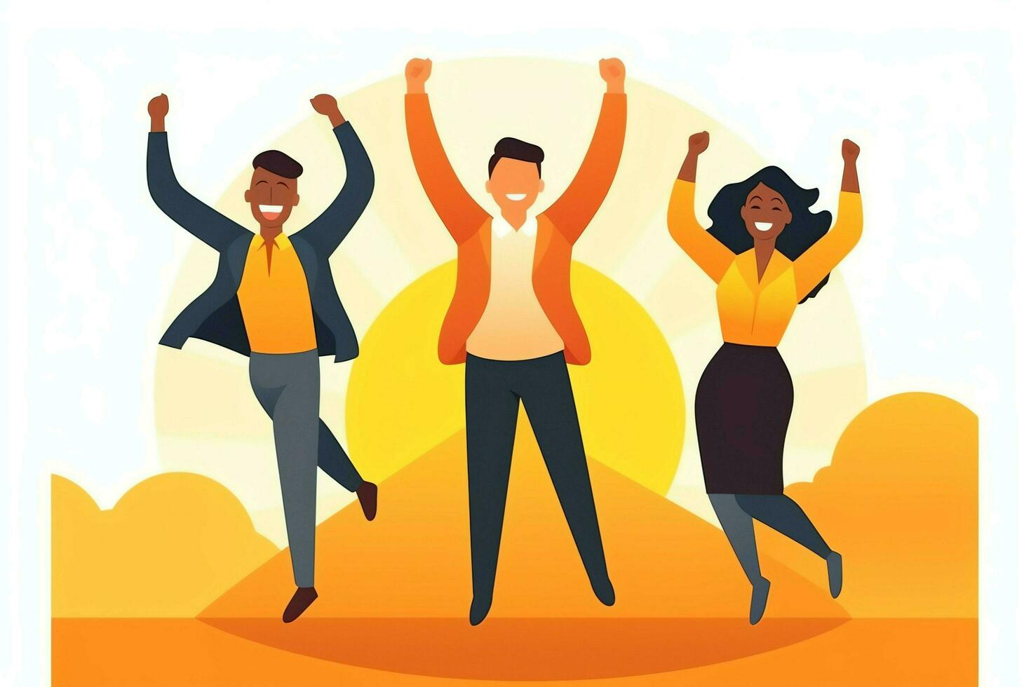 Happy people jumping and cheering celebrating victory. Succeeding winning and happy in flat cartoon concept by AI Generated photo