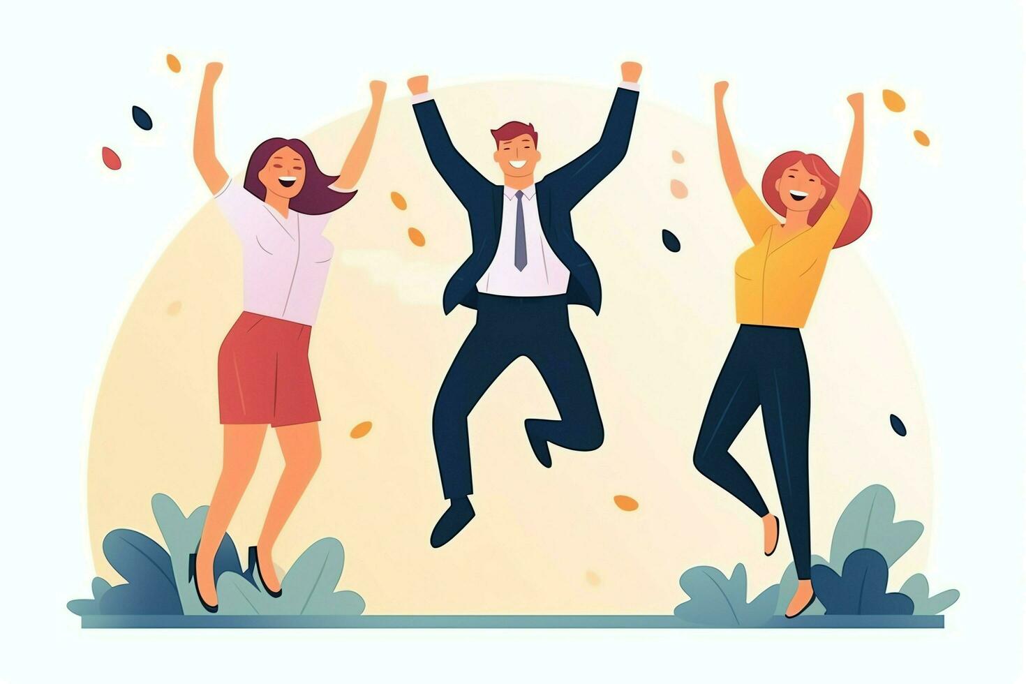 Happy people jumping and cheering celebrating victory. Succeeding winning and happy in flat cartoon concept by AI Generated photo