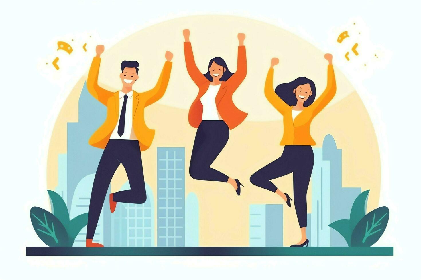 Happy people jumping and cheering celebrating victory. Succeeding winning and happy in flat cartoon concept by AI Generated photo
