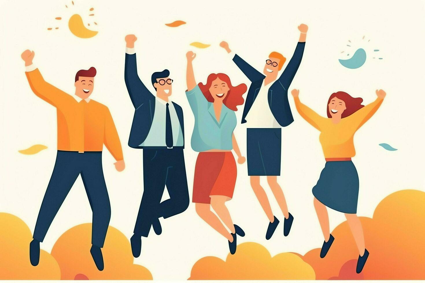 Happy people jumping and cheering celebrating victory. Succeeding winning and happy in flat cartoon concept by AI Generated photo