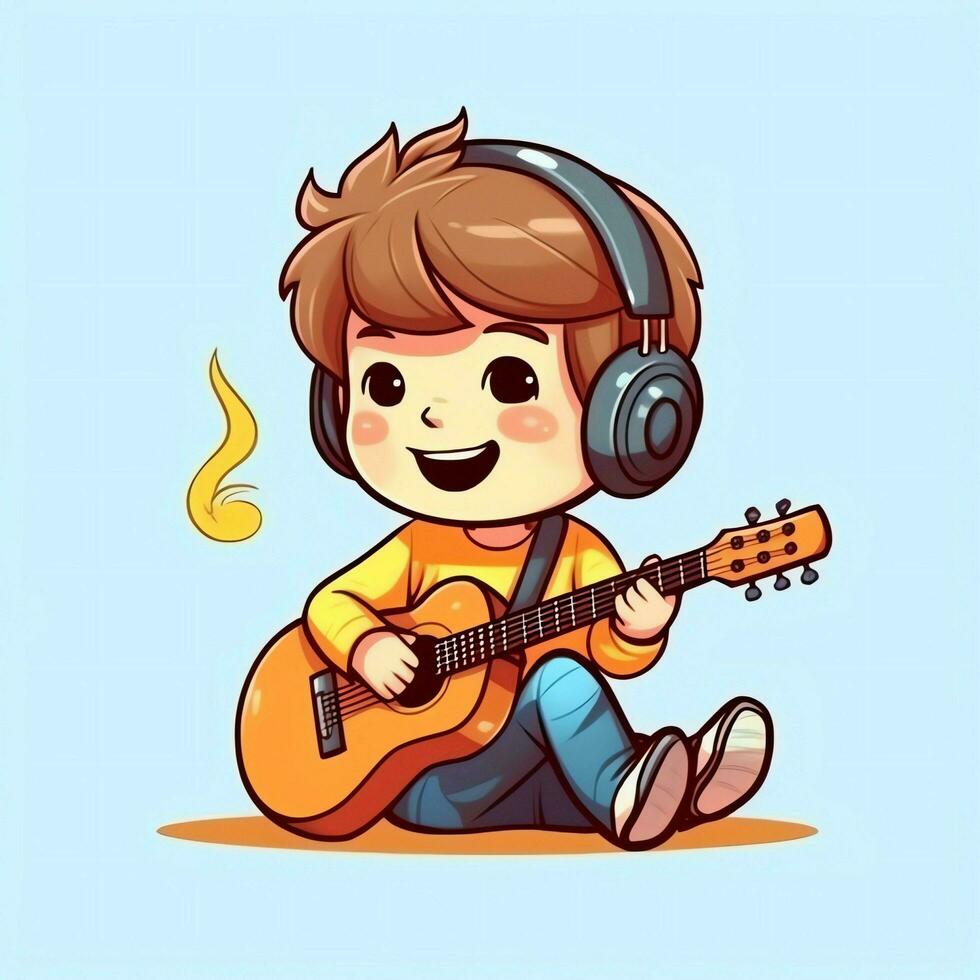 Cute boy playing guitar and listening to music with headset in cartoon style. Youth day or music day concept by AI Generated photo